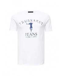 Мужская белая футболка с круглым вырезом с принтом от Trussardi Jeans