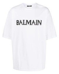 Мужская белая футболка с круглым вырезом с украшением от Balmain