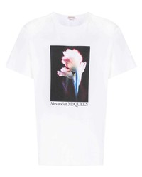 Мужская белая футболка с круглым вырезом с цветочным принтом от Alexander McQueen