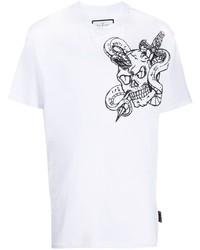 Белая футболка с круглым вырезом со змеиным рисунком