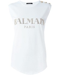 Женская белая футболка с украшением от Balmain