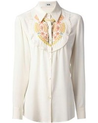 Белая шелковая блуза на пуговицах с украшением от Moschino Cheap & Chic