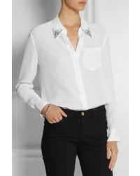 Белая шелковая блуза на пуговицах с украшением от Equipment