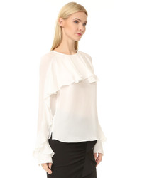 Белая шелковая блузка с длинным рукавом с рюшами от Veronica Beard