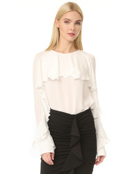 Белая шелковая блузка с длинным рукавом с рюшами от Veronica Beard