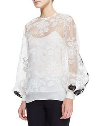 Белая шелковая блузка с длинным рукавом с цветочным принтом