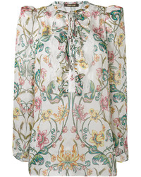Белая шелковая блузка с цветочным принтом от Roberto Cavalli