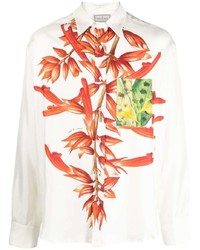 Мужская белая шелковая классическая рубашка с цветочным принтом от Pierre Louis Mascia