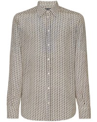 Мужская белая шелковая рубашка с длинным рукавом с геометрическим рисунком от Dolce & Gabbana
