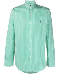 Мужская бело-зеленая рубашка с длинным рукавом в вертикальную полоску от Ralph Lauren
