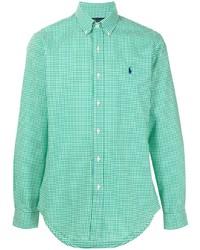 Мужская бело-зеленая рубашка с длинным рукавом в мелкую клетку от Polo Ralph Lauren