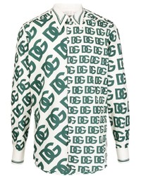 Мужская бело-зеленая рубашка с длинным рукавом с принтом от Dolce & Gabbana