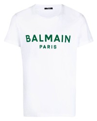 Мужская бело-зеленая футболка с круглым вырезом с принтом от Balmain