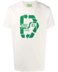 Мужская бело-зеленая футболка с круглым вырезом с принтом от Diesel