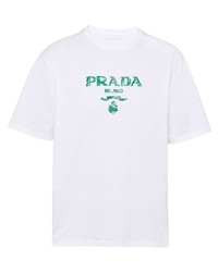 Мужская бело-зеленая футболка с круглым вырезом с принтом от Prada