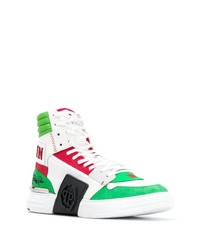 Мужские бело-зеленые кожаные высокие кеды от Philipp Plein