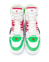 Мужские бело-зеленые кожаные высокие кеды от Philipp Plein