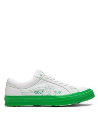 Мужские бело-зеленые кожаные низкие кеды от Converse
