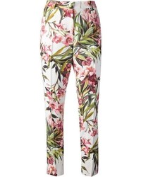 Бело-зеленые узкие брюки с цветочным принтом от Dolce & Gabbana