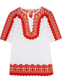Бело-красная блуза-крестьянка с вышивкой от Tory Burch