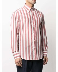 Мужская бело-красная классическая рубашка в вертикальную полоску от Brunello Cucinelli