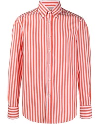Мужская бело-красная рубашка с длинным рукавом в вертикальную полоску от Brunello Cucinelli