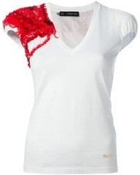 Бело-красная футболка с v-образным вырезом с принтом