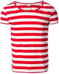 Бело-красная футболка с круглым вырезом в горизонтальную полоску