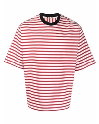Мужская бело-красная футболка с круглым вырезом в горизонтальную полоску от Marni