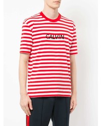 Мужская бело-красная футболка с круглым вырезом в горизонтальную полоску от CK Calvin Klein