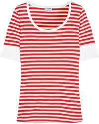 Женская бело-красная футболка с круглым вырезом в горизонтальную полоску