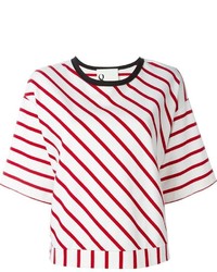Женская бело-красная футболка с круглым вырезом в горизонтальную полоску