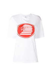 Бело-красная футболка с круглым вырезом с принтом