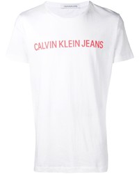 Мужская бело-красная футболка с круглым вырезом с принтом от Calvin Klein Jeans