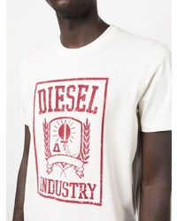 Мужская бело-красная футболка с круглым вырезом с принтом от Diesel