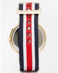 Женские бело-красно-синие часы из плотной ткани в вертикальную полоску от Moschino