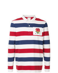 Бело-красно-синий свитер с воротником поло в горизонтальную полоску