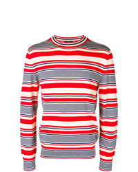 Бело-красно-синий свитер с круглым вырезом в горизонтальную полоску