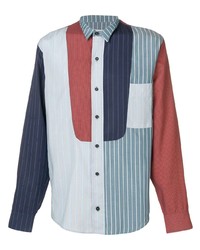 Бело-красно-синяя рубашка с длинным рукавом в вертикальную полоску