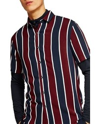 Бело-красно-синяя рубашка с коротким рукавом в вертикальную полоску