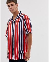Мужская бело-красно-синяя рубашка с коротким рукавом в вертикальную полоску от Tommy Jeans