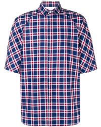 Бело-красно-синяя рубашка с коротким рукавом в шотландскую клетку