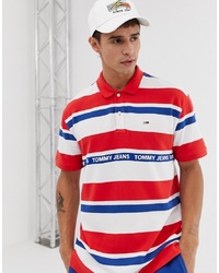 Мужская бело-красно-синяя футболка-поло в горизонтальную полоску от Tommy Jeans