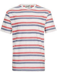 Бело-красно-синяя футболка с круглым вырезом в горизонтальную полоску