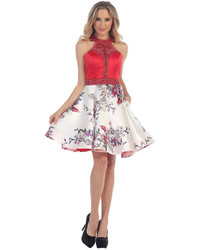 Бело-красное платье с плиссированной юбкой с цветочным принтом от Unique Vintage