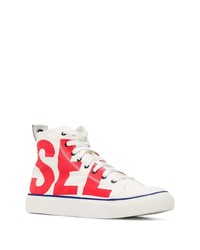 Мужские бело-красные высокие кеды из плотной ткани от Diesel