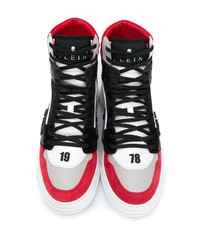 Мужские бело-красные кожаные высокие кеды от Philipp Plein