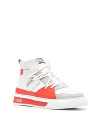 Мужские бело-красные кожаные высокие кеды от Roberto Cavalli