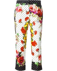 Бело-красные узкие брюки с цветочным принтом от Dolce & Gabbana