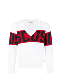 Бело-красный свитер с v-образным вырезом